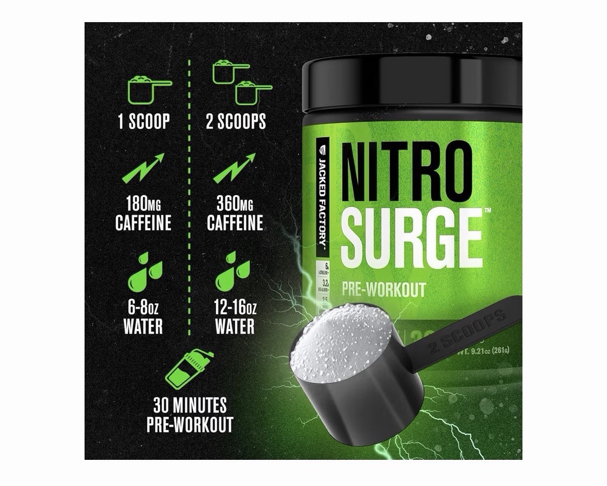 Jacked Factory Nitro Surge Pre-Workout Powder Raspberry Blue w/ Caffeine 9.21oz