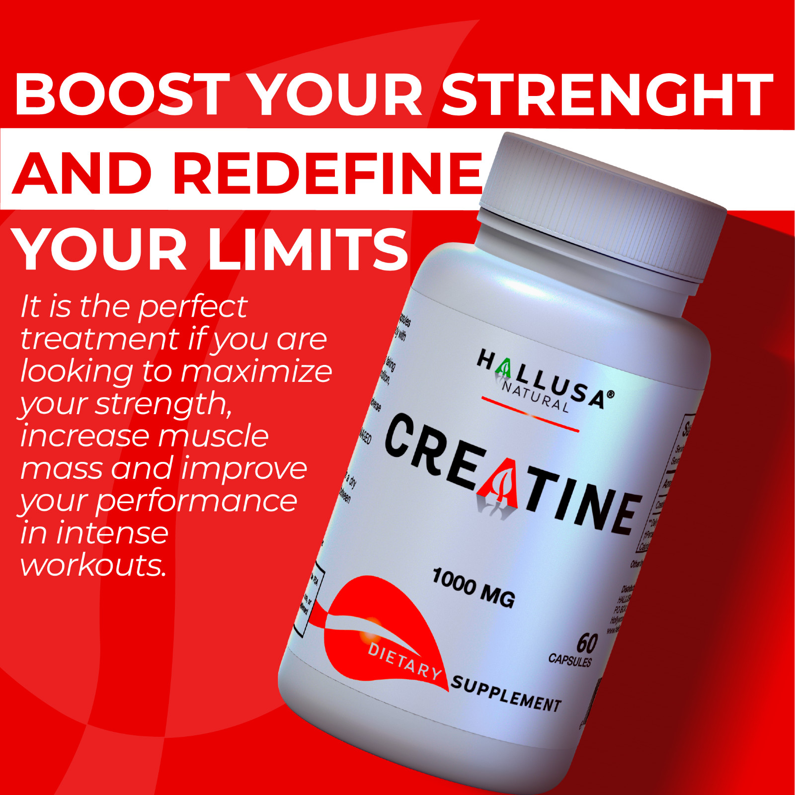 CREATINE Monohydrate – Muscle Building – Enhanced Strength & Performance -60 Cap