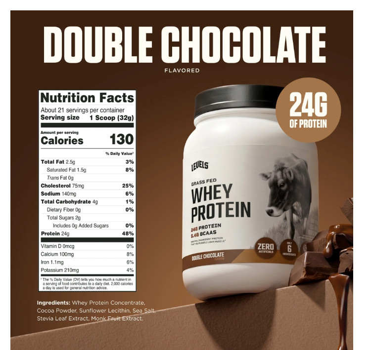Levels Grass Fed Whey Protein Double Chocolate 1.48lb 24g Protein