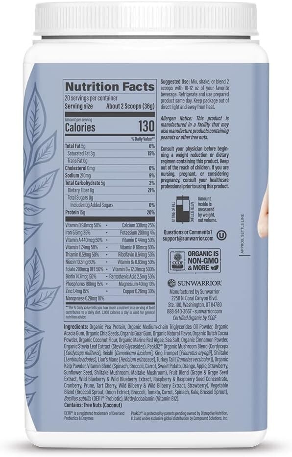 Sunwarrior Vegan Protein Superfood Shake Meal Replacement Organic, 1.59 lb