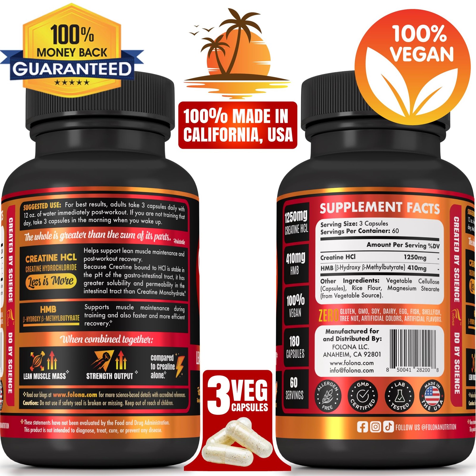 Creatine HCL Capsules with HMB – Workout Supplement for 180 Count (Pack of 1)