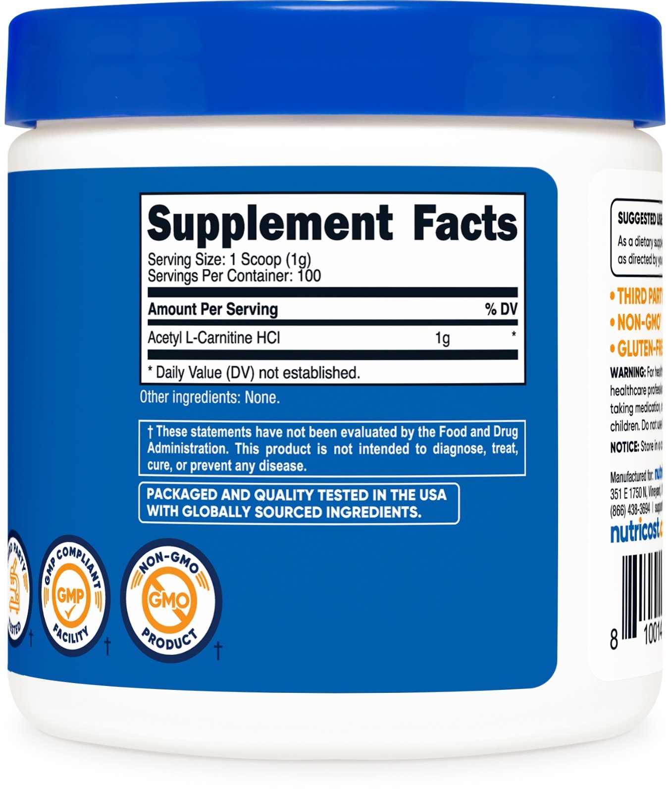 Nutricost Pure Acetyl L-Carnitine 100g, 1000mg Per Serving, 100 Servings