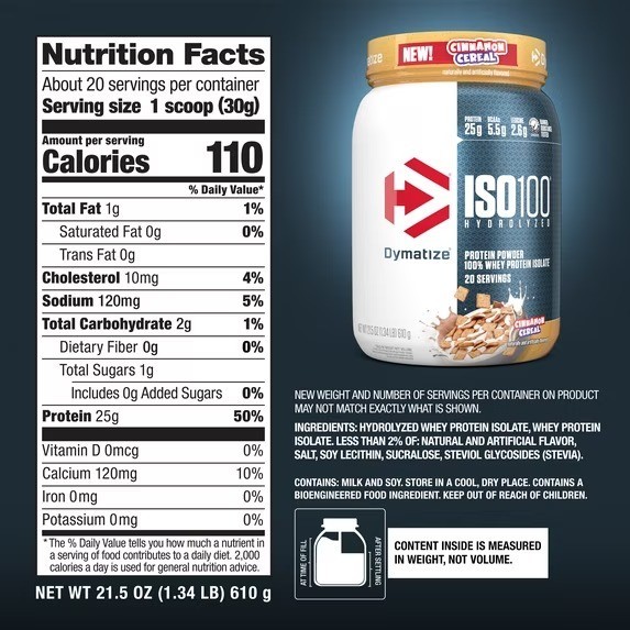 Dymatize ISO100 Whey Protein Isolate Cinnamon Cereal 20 Servings 25g Protein