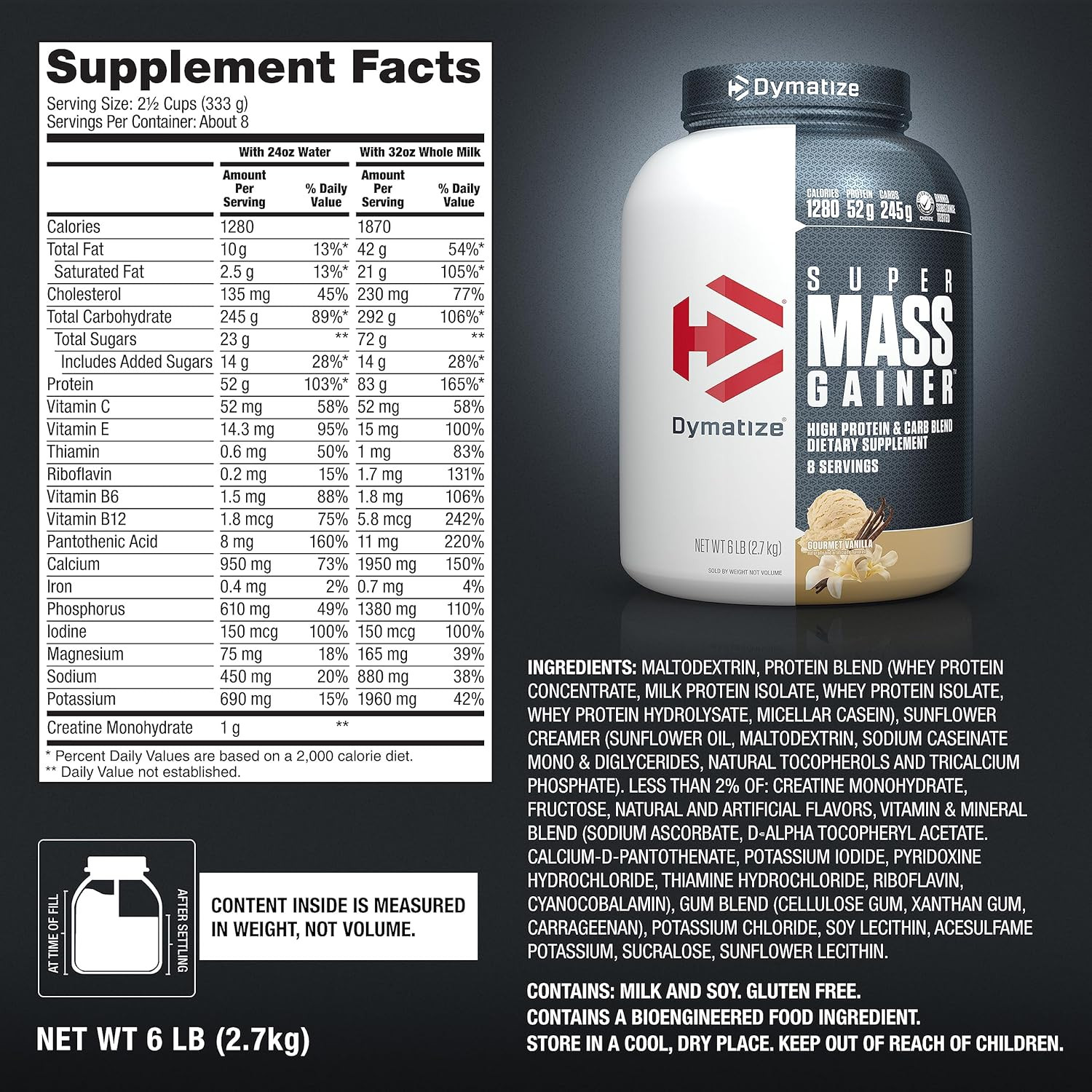 Super Mass Gainer Protein Powder, Gourmet Vanilla, 52G Protein, 1G Creatine, 128