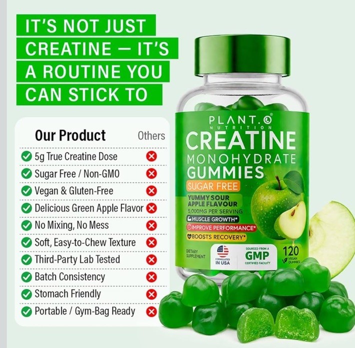 PLANT.O NUTRITION Creatine Monohydrate Gummies Sugar Free 120 Count Green Apple