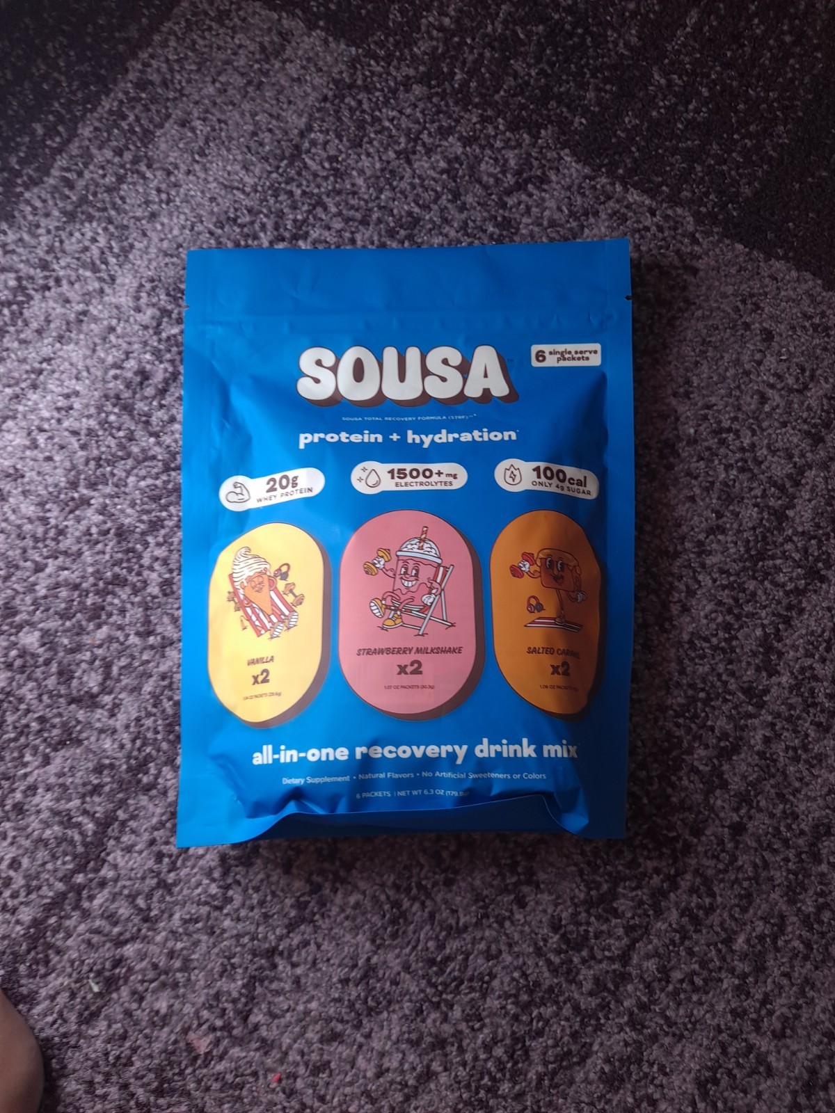 Sousa Protein + Hydration Recovery Drink Mix 6 Packets Vanilla Strawberry Salted