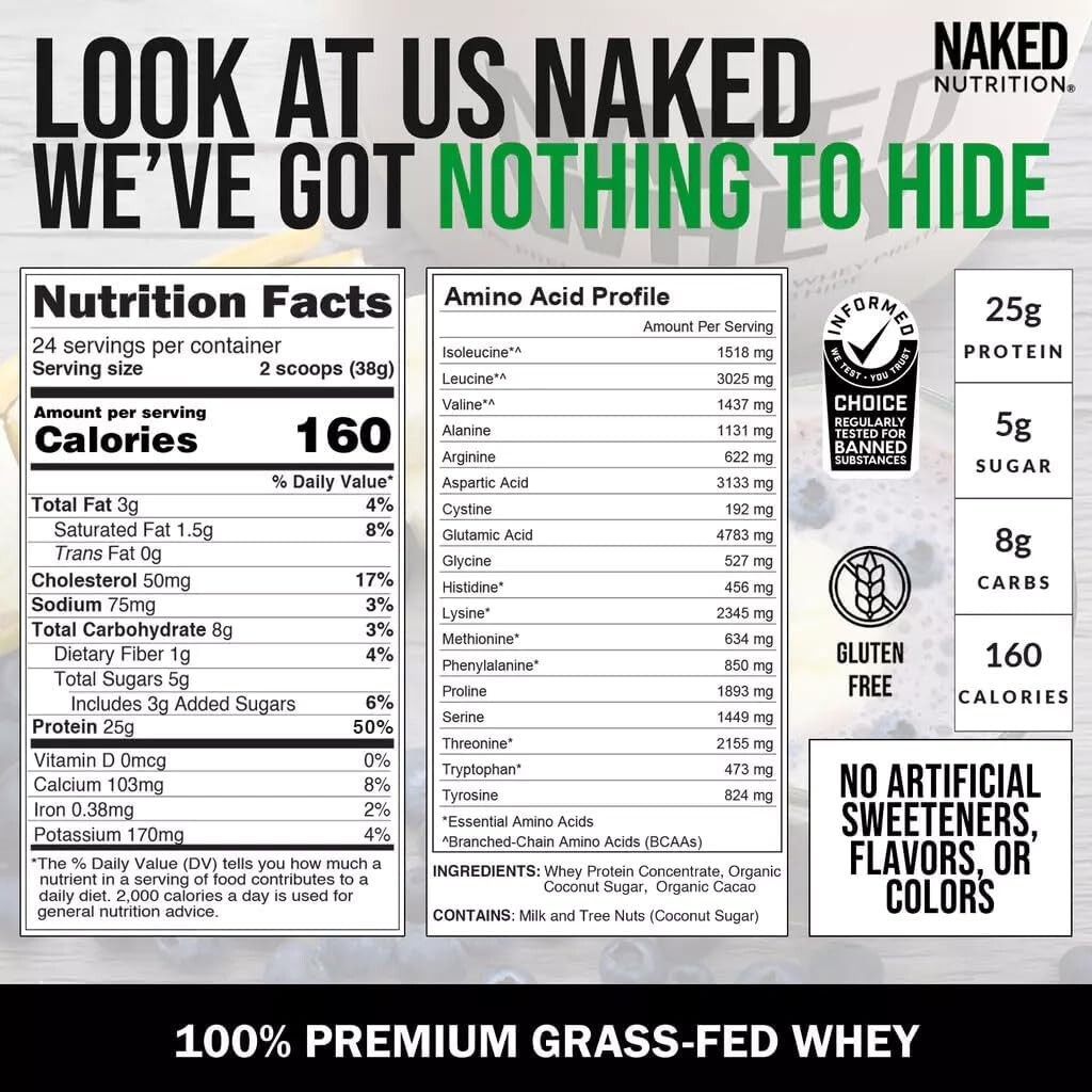 2LB Naked Whey – All Natural Grass Fed Whey Protein Powder, Organic Chocolate
