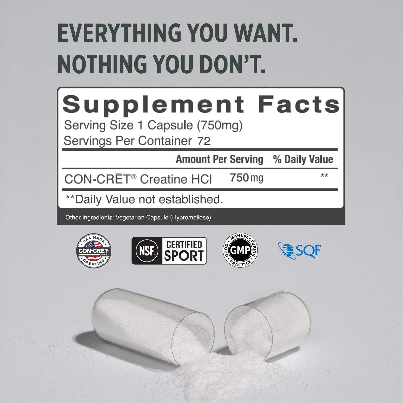 CON-CRET Creatine HCl Capsules | Muscle, 72 Count (Pack of 1), Clear