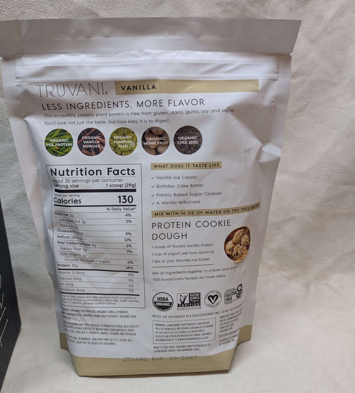 Truvani Plant Based Vanilla Protein Powder 20.95 oz 20 Servings Expires 09/2027