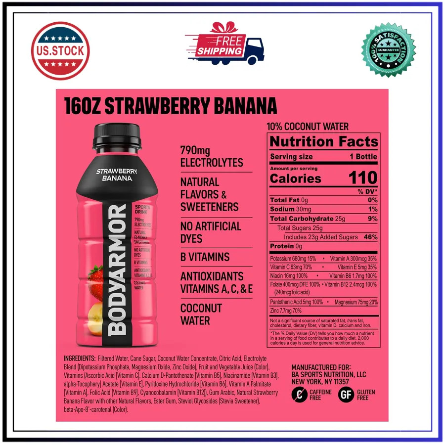 BODYARMOR Sports Drink Strawberry Banana 16 Fl Oz Bottles 12 Pack Hydration