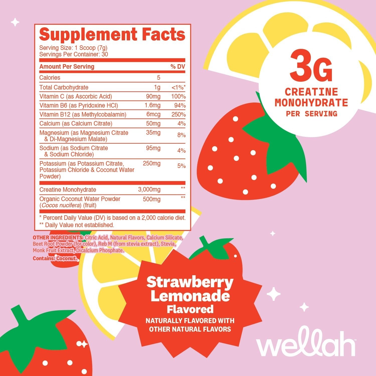 Wellah Creatine + Electrolytes Powder – Strawberry Lemonade – 30 Servings