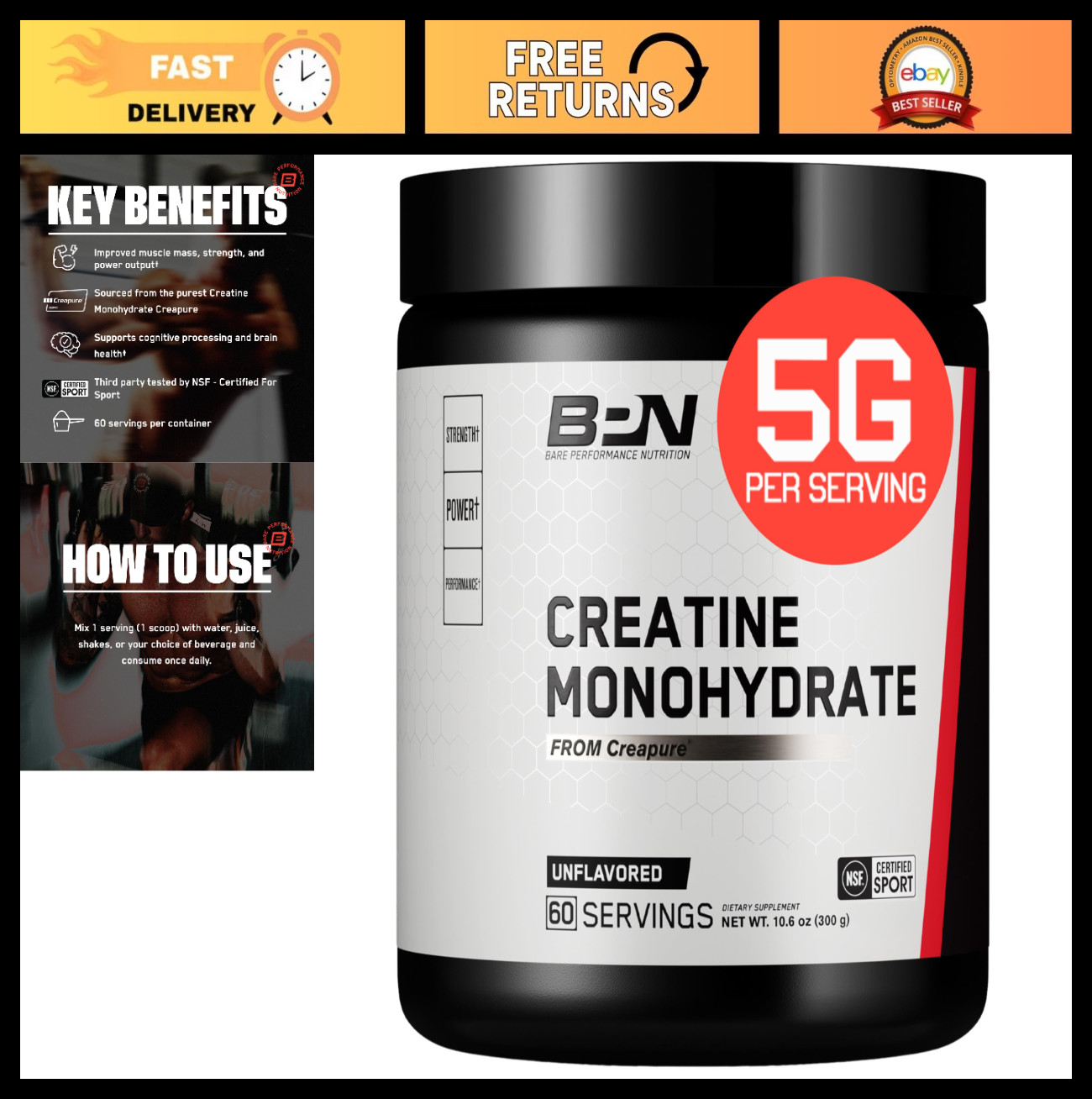 Pure Creatine Monohydrate Powder, 5g per Serving, Unflavored, 60 Servings, Muscl