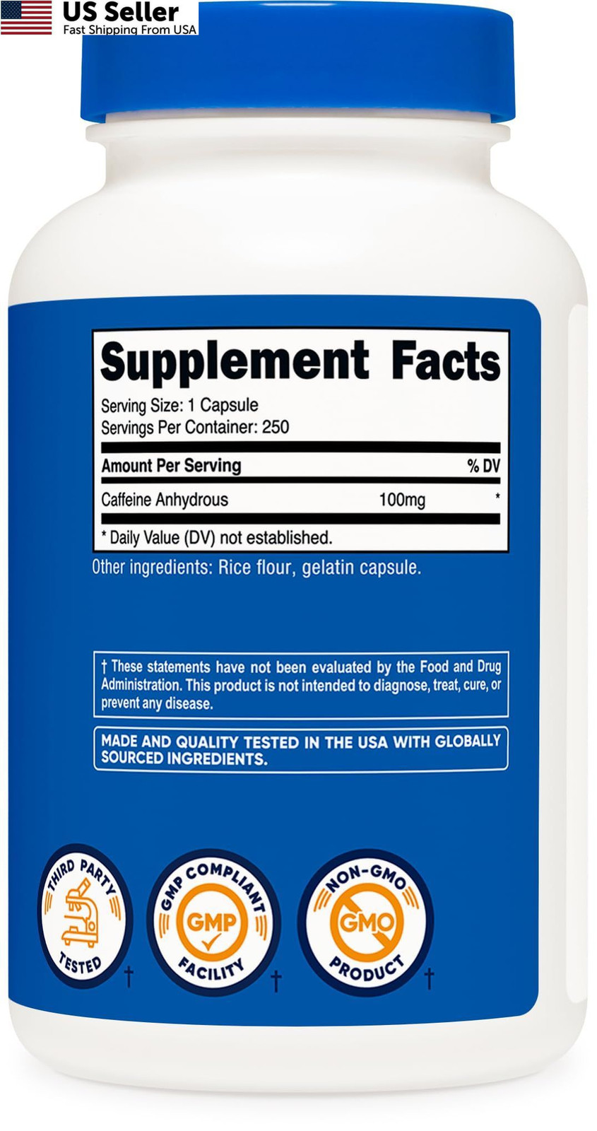 Nutricost Caffeine Pills 100mg Per Serving, 250 Capsules 250 Count (Pack of 1)