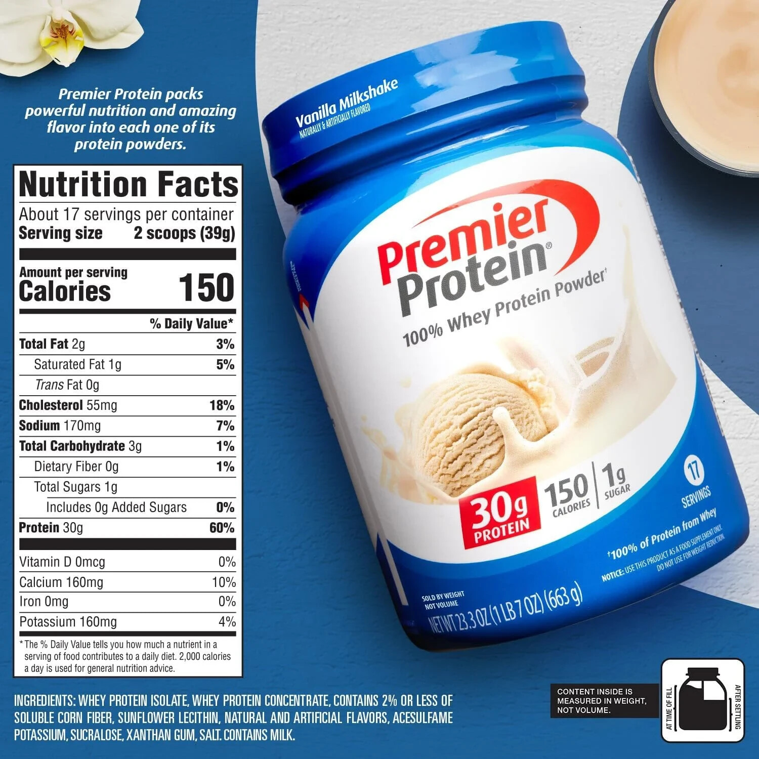 Premier Protein 100% Whey Protein Powder, Vanilla Milkshake, 30g Protein