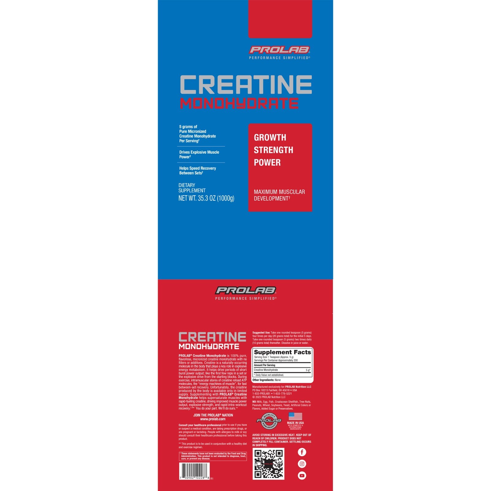 PROLAB Creatine Monohydrate 1000g, Best Micronized Creatine Powder, Strength