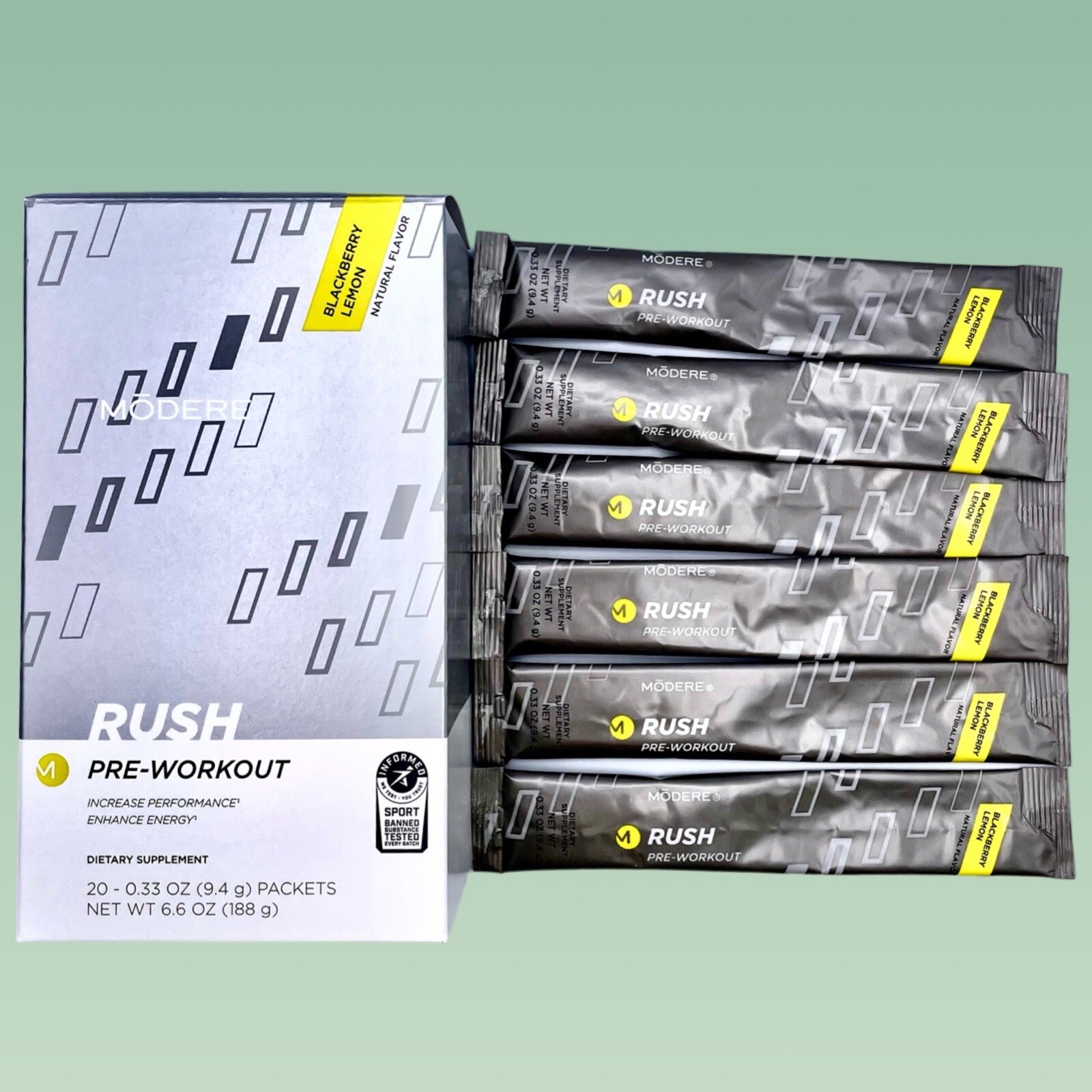 Modere Rush Pre-Workout Blackberry Lemon 20 Packets- New In Box- Free Shipping!