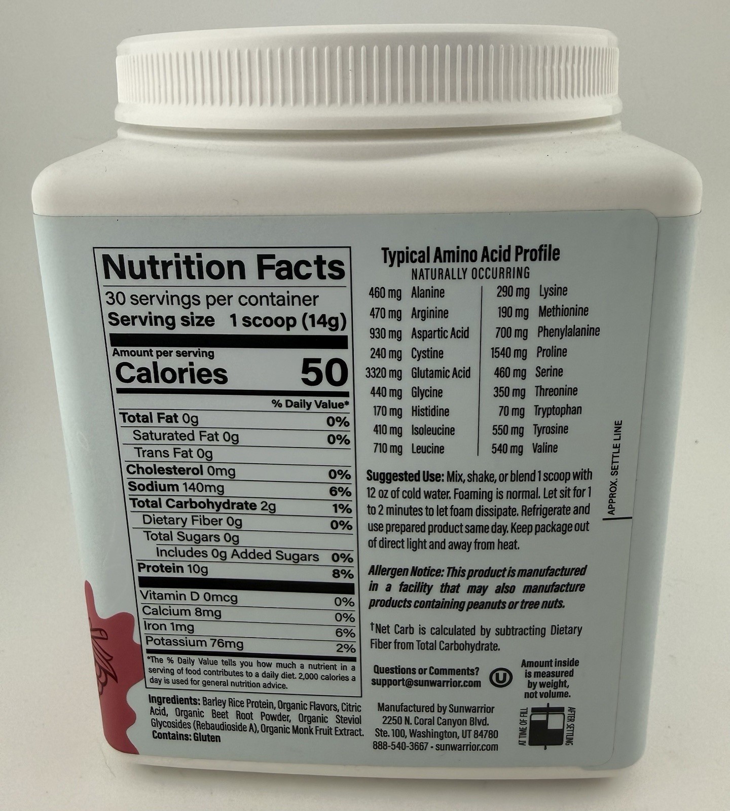 SunWarrior Plant Based Clear Protein Refresh Raspberry 14.8 Oz 30 Servings