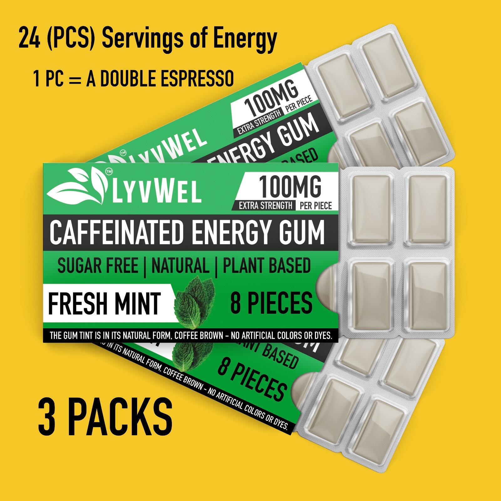 LyvWel All Natural Energy Focus Mint Fitness Gum 3 Packs Run jog 100mg Caffeine