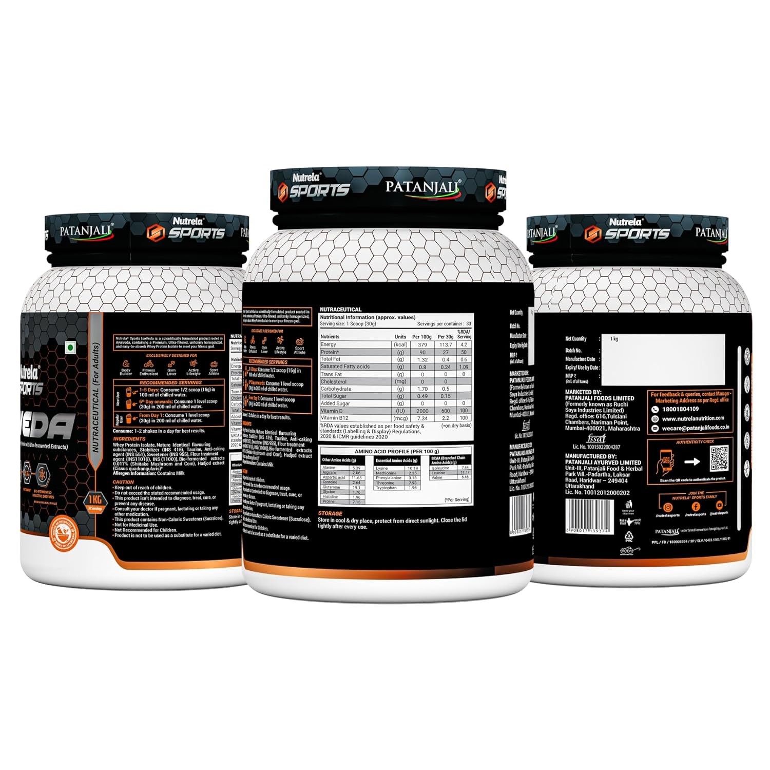 NUTRELA Sports Patanjali Whey Protein Isolate 1kg | 27g Protein Per Scoop | 7.5g