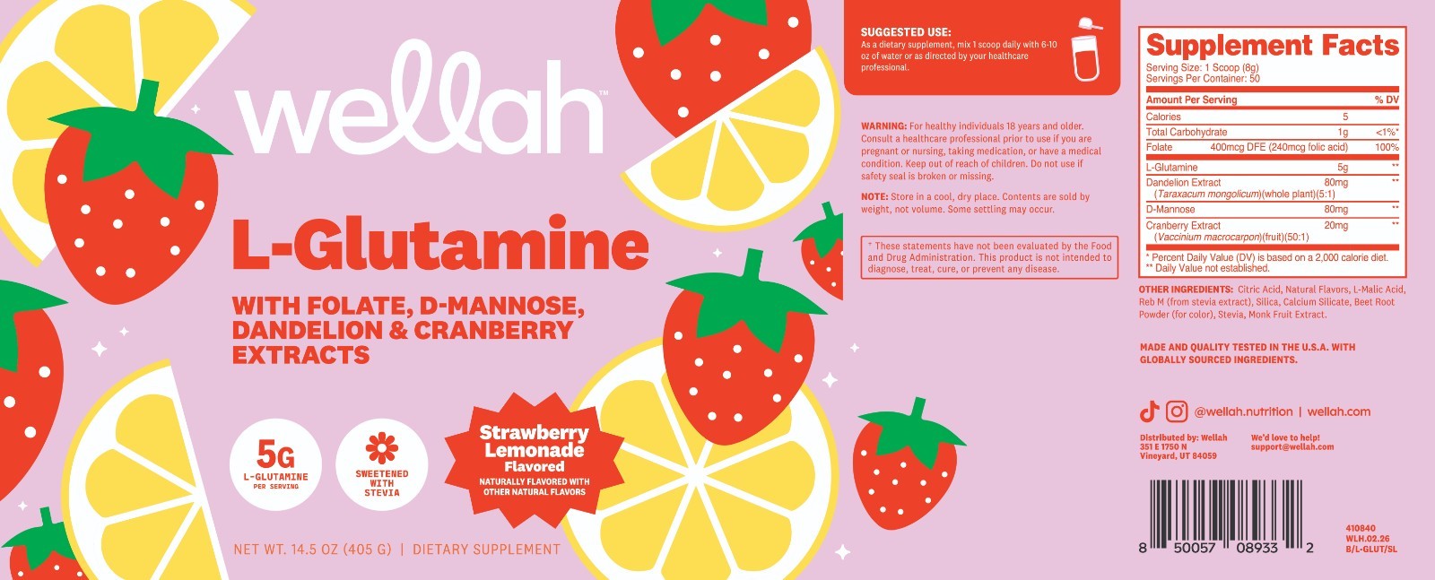Wellah L-Glutamine Strawberry Lemonade (50 Servings) – Sweetened with Stevia