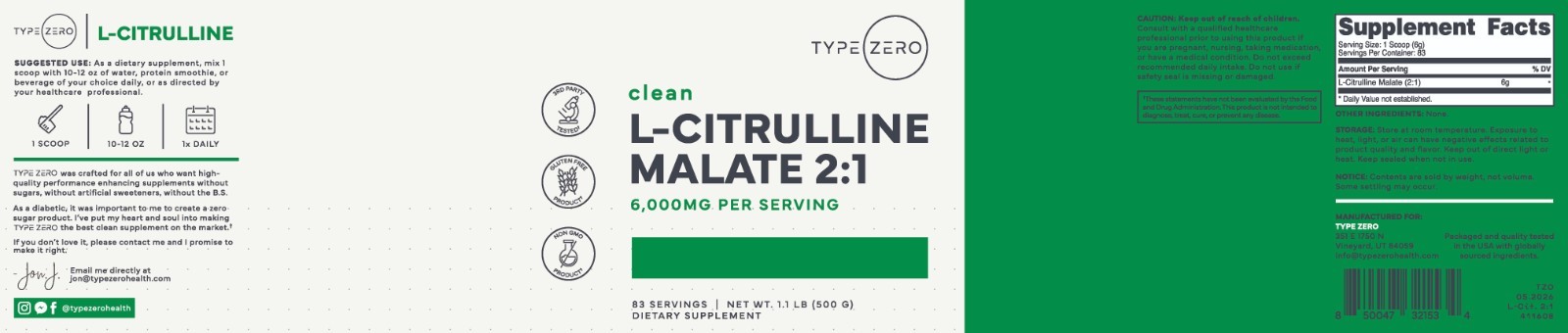 Type Zero Clean L-Citrulline Malate 2:1 Powder Drink Mix (500g) Unflavored