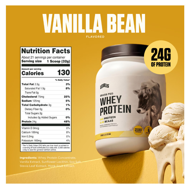 Levels Grass Fed Whey Protein Vanilla Bean 1.48lb 24g Protein