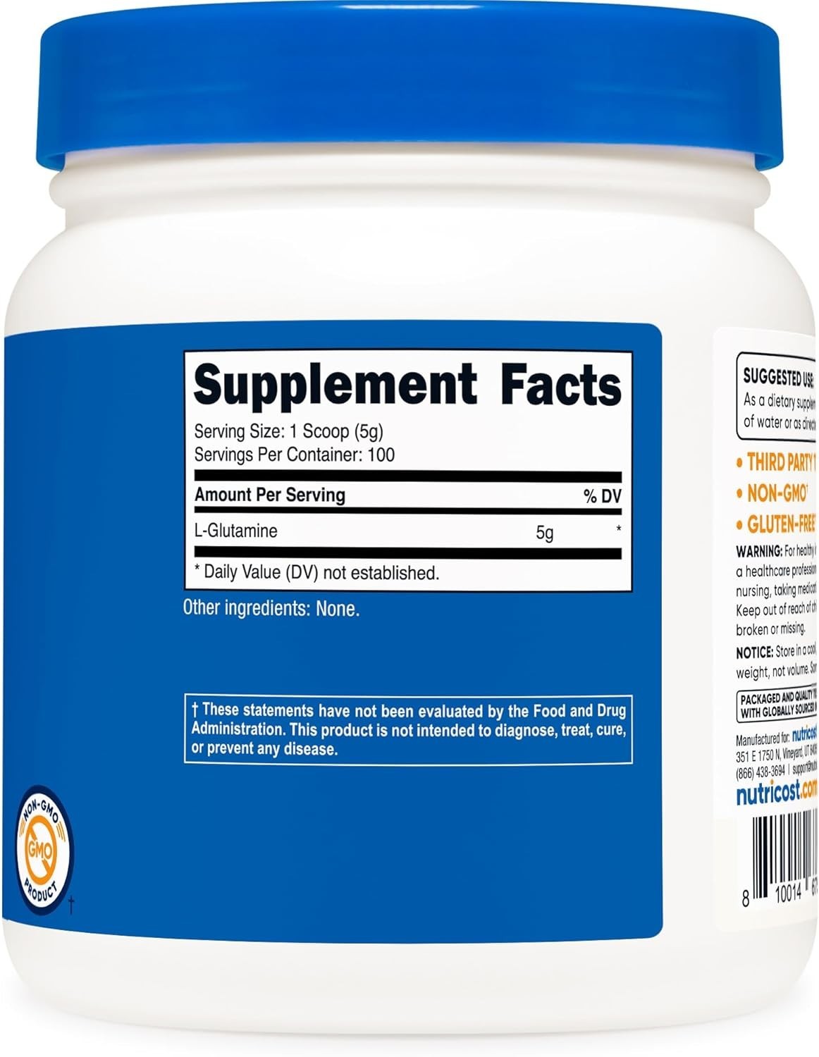 1.1 lb L-Glutamine Powder – 100 Servings of Gluten-Free & Vegetarian Wellness