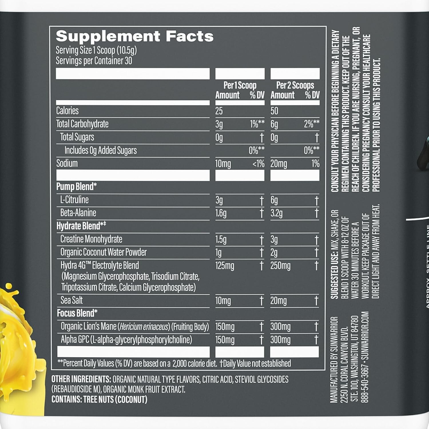 Sunwarrior Pre Workout Powder Energy Drink Non-Stim CaffeineFree Yuzu Mango 315g