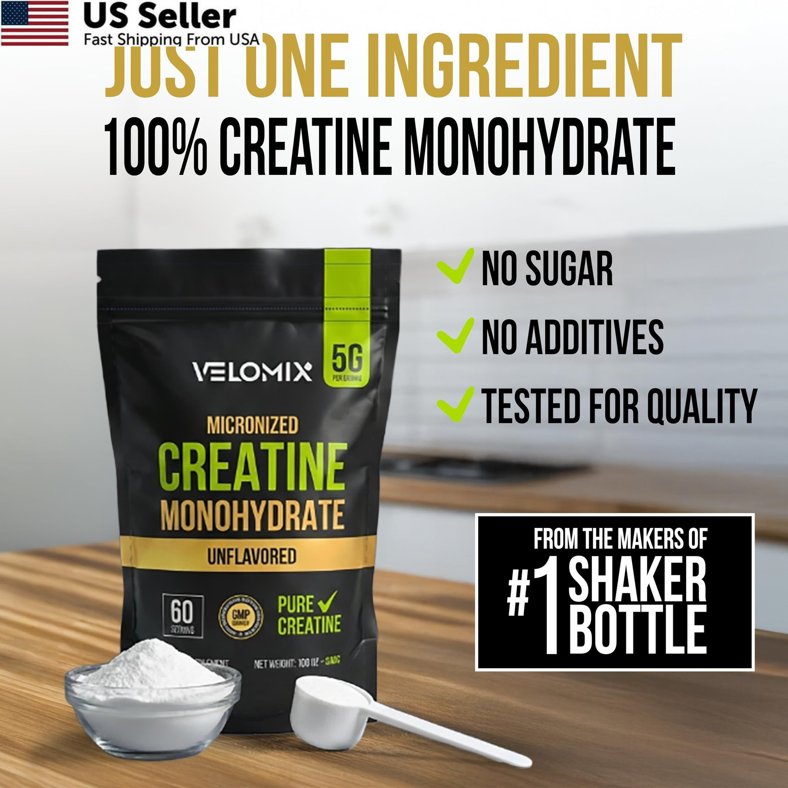 VELOMIX 100% Pure Creatine Monohydrate Powder 5g 60 Servings Micronized FROM USA
