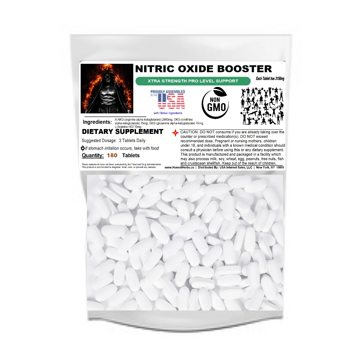 Nitric Oxide Level Support Booster – L-Arginine, AAKG 3150mg Non GMO 180 Tabs