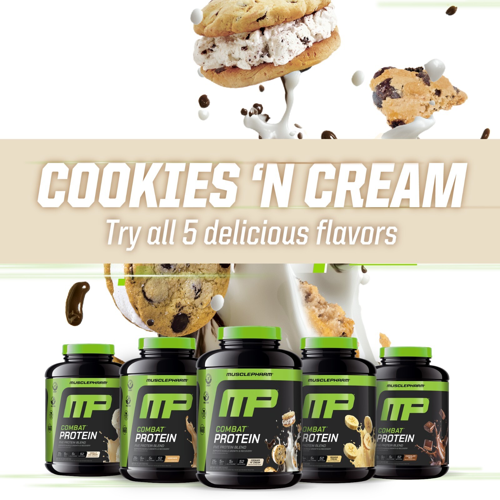 MusclePharm Combat Protein Powder – 4 lb, 52 Servings, Cookies & Cream