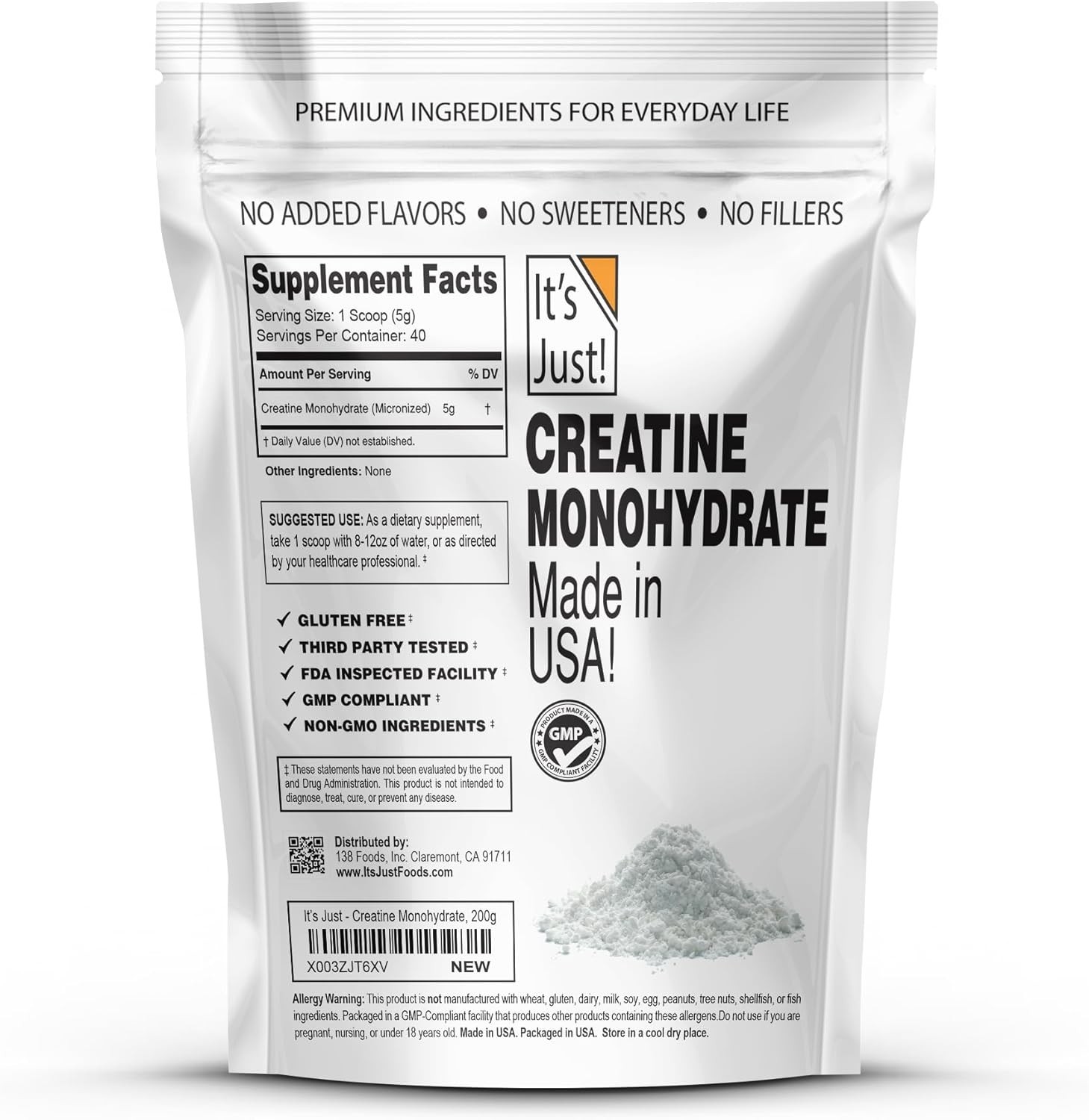 Unflavored Pure Creatine Monohydrate Powder, 40 Servings – 5g Per Scoop, 200g