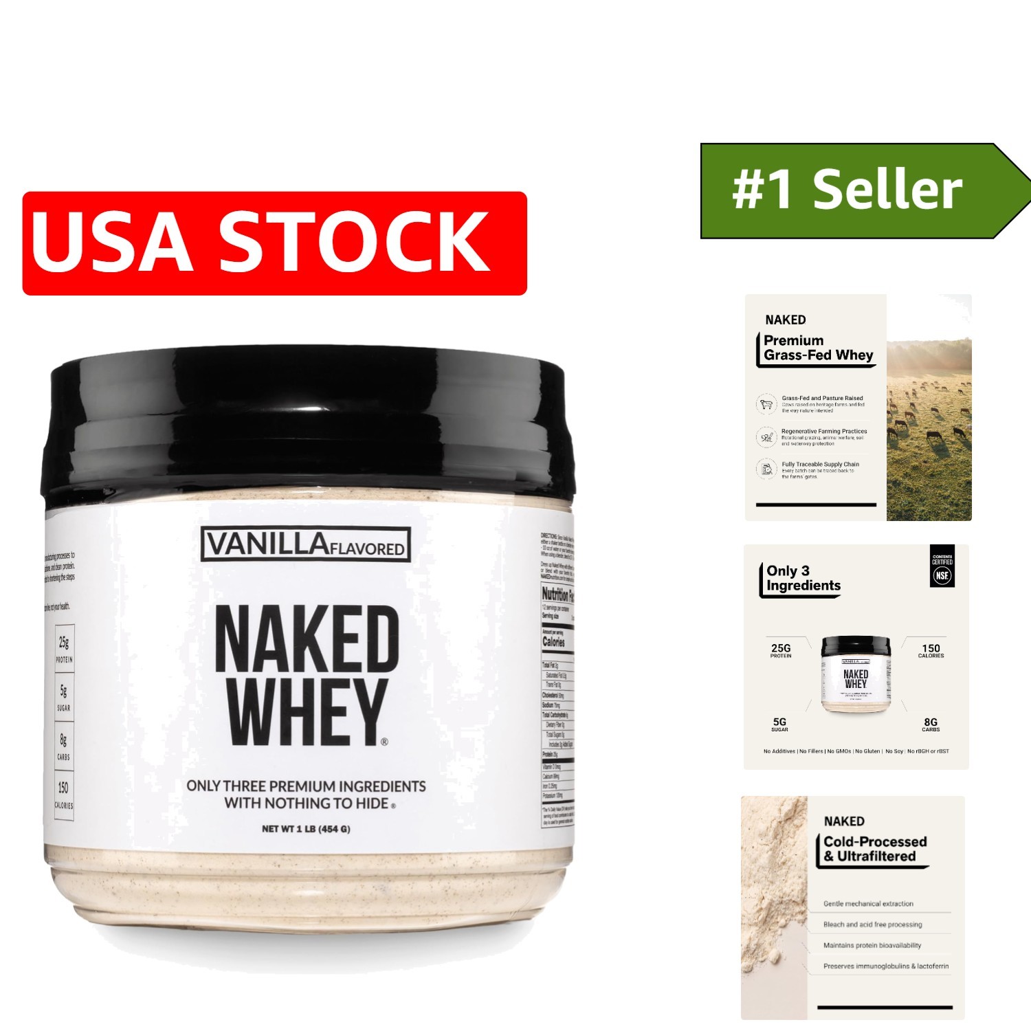 1Lb Vanilla Whey Protein Powder: 3-Ingredient NSF Certified Natural Supplement