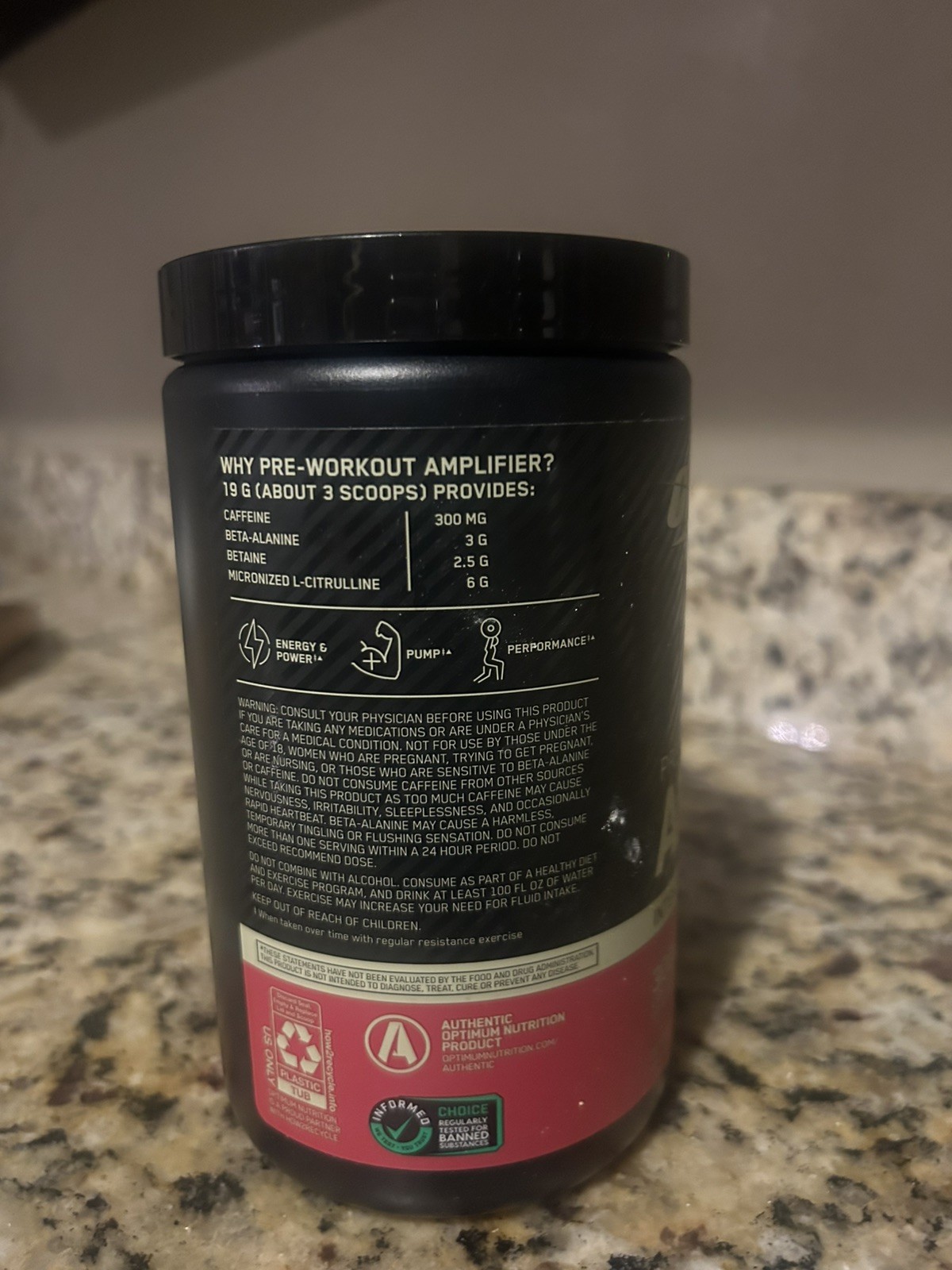 NEW! Optimum Nutrition Pre-Workout Amplifier 13.4oz (20 servings) Tropical Punch