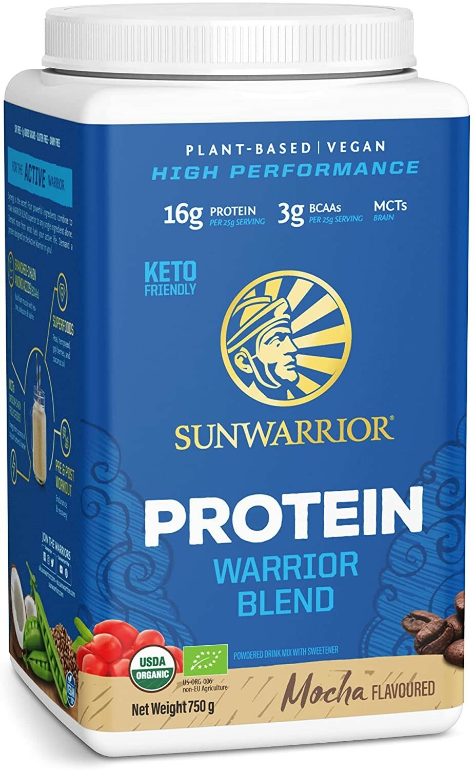 Sunwarrior Warrior Blend Plant-Based Raw Vegan Protein Powder, Mocha, 1.65 lbs