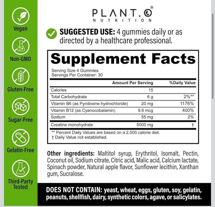 PLANT.O NUTRITION Creatine Monohydrate Gummies Sugar Free 120 Count Green Apple