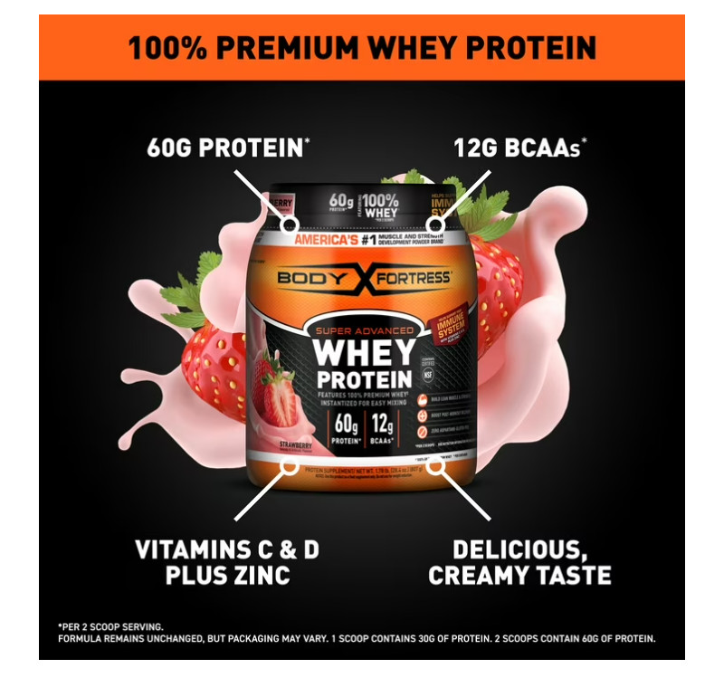 Body Fortress Super Advanced 100% Premium Whey Protein Powder, Strawberry, 60g P