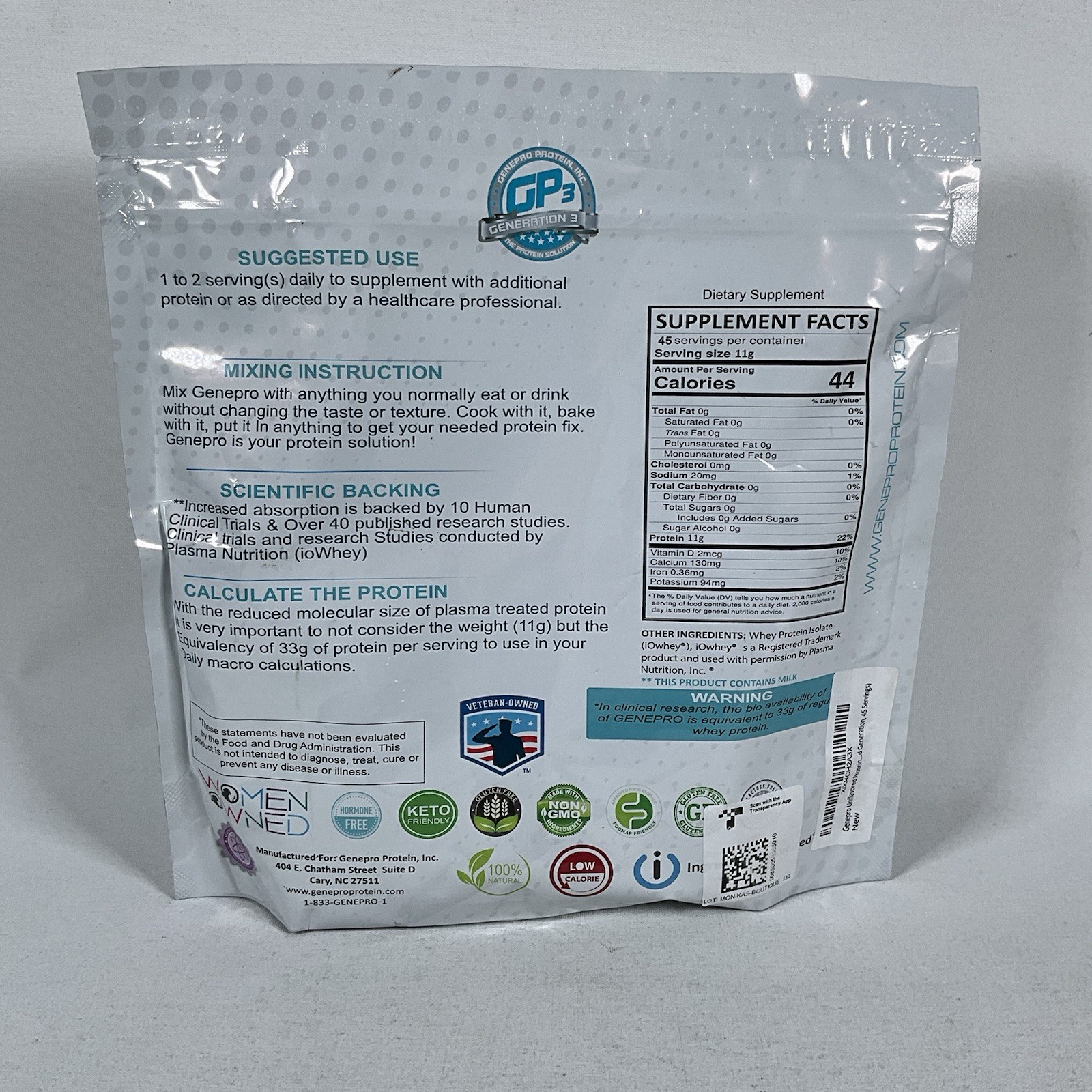 Genepro Unflavored Protein Powder – New Formula – Lactose-Free Gluten-Free