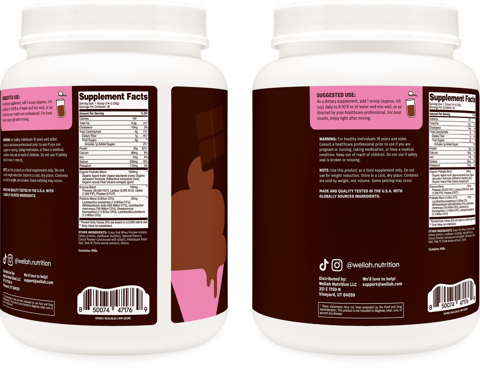 Wellah Grass-Fed Whey Protein Isolate Powder (Milk Chocolate) 30 Servings