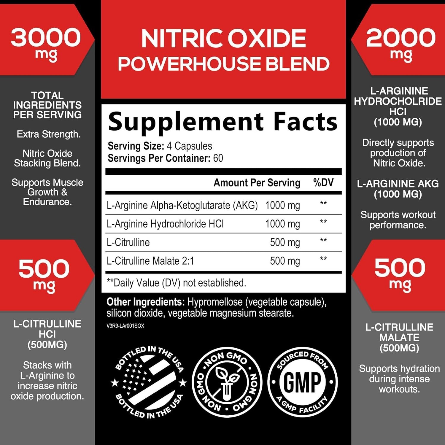 Extra Strength Nitric Oxide Supplement L Arginine 3X Strength -Citrulline Malate