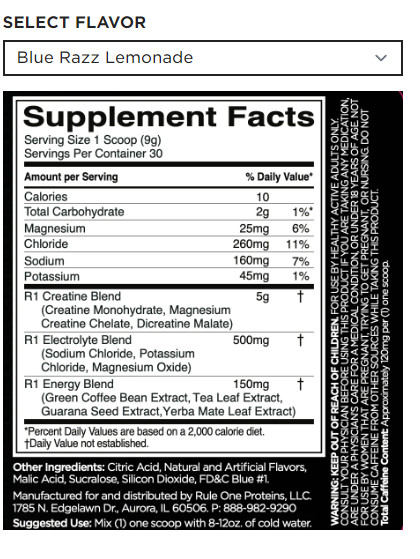 Rule One Charged Creatine Blue Razz Lemonade 30 Servings Dietary Supplement USA