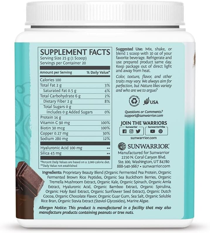 Sunwarrior Vegan Collagen Building Protein Peptides Hyaluronic, Biotin, 1.1 lbs