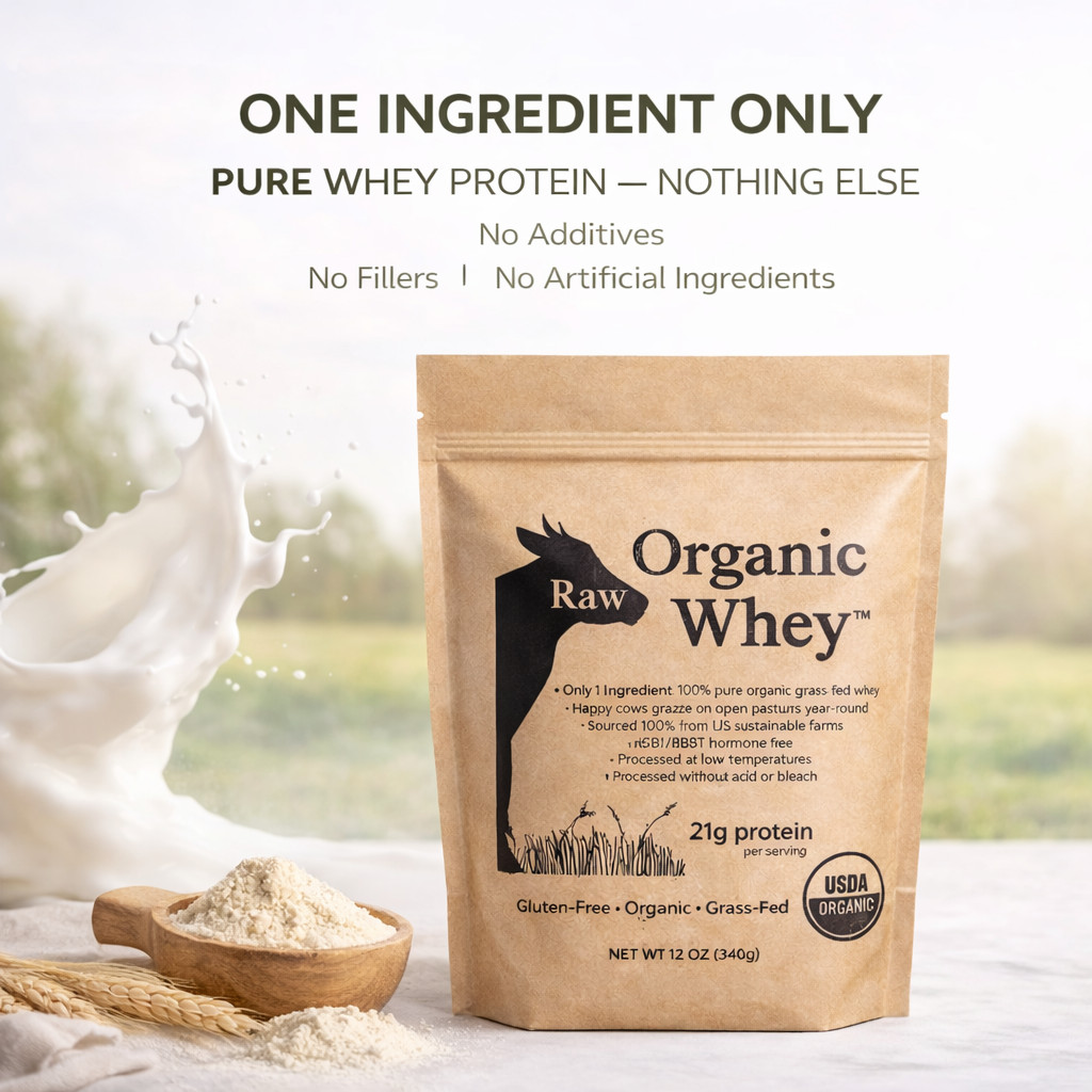 Organic Raw Whey Protein Powder Grass-Fed Unflavored Non-GMO Gluten Free 12 oz