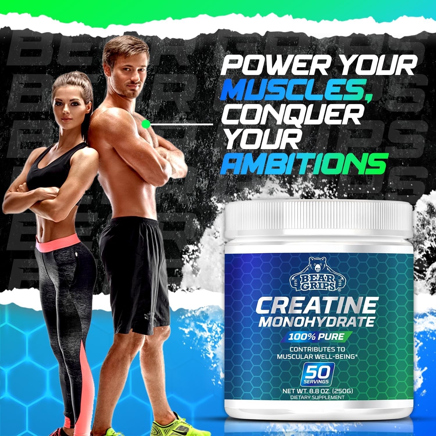 Bear Grips Pure Creatine Monohydrate Powder 50 Servings of Instantized Creatine