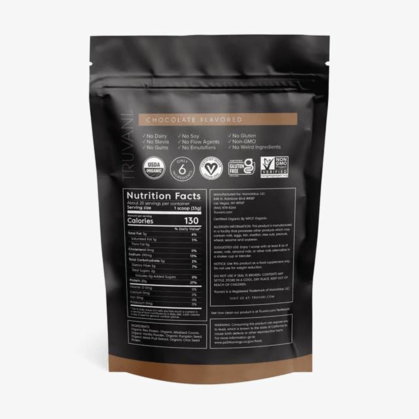 7/26 Truvani Vegan Pea Protein Powder | Chocolate | 20g Organic Plant Based Prot