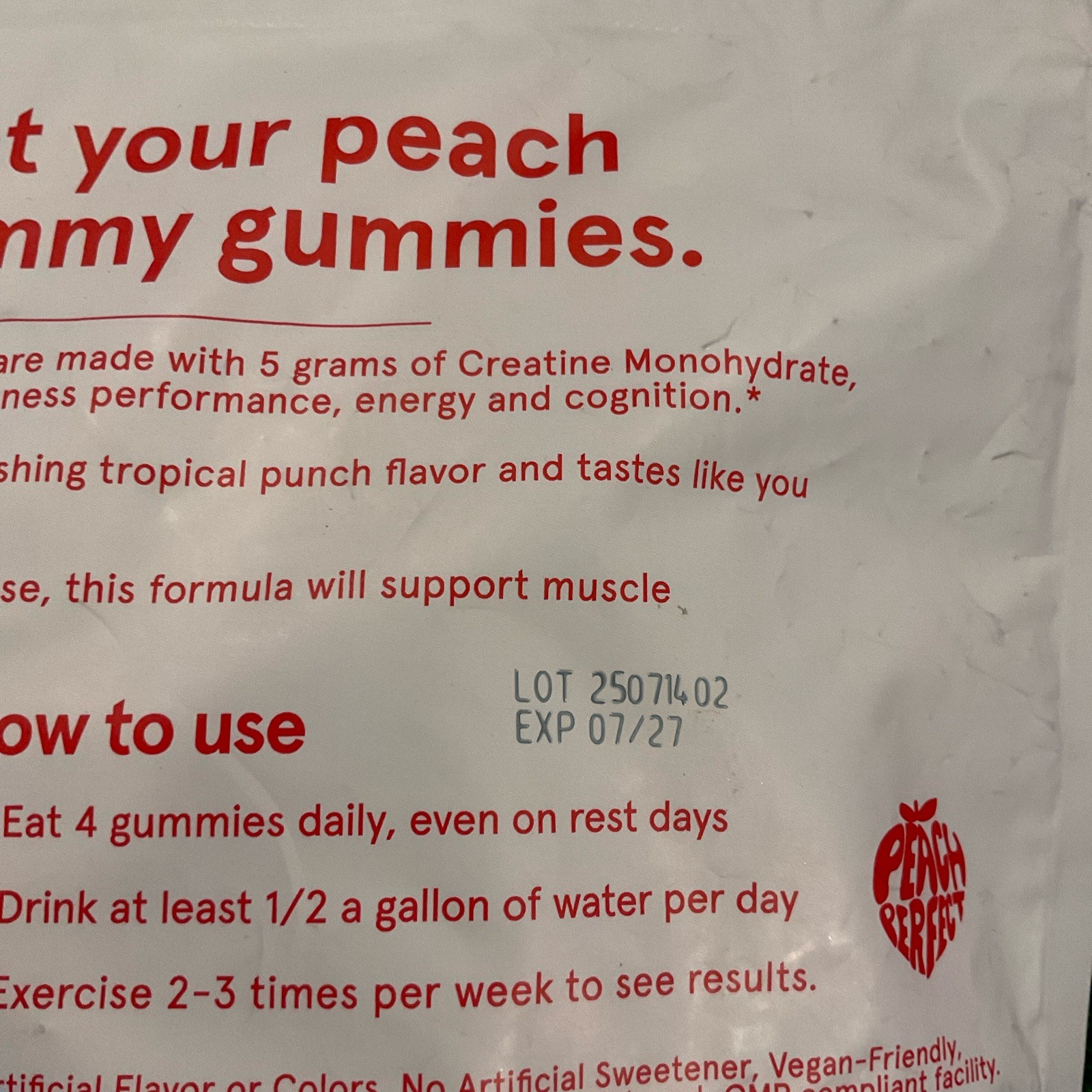 Lot Of 2 Peach Perfect Creatine MonohydrateGummies, Exp 7/27, 5g Vegan