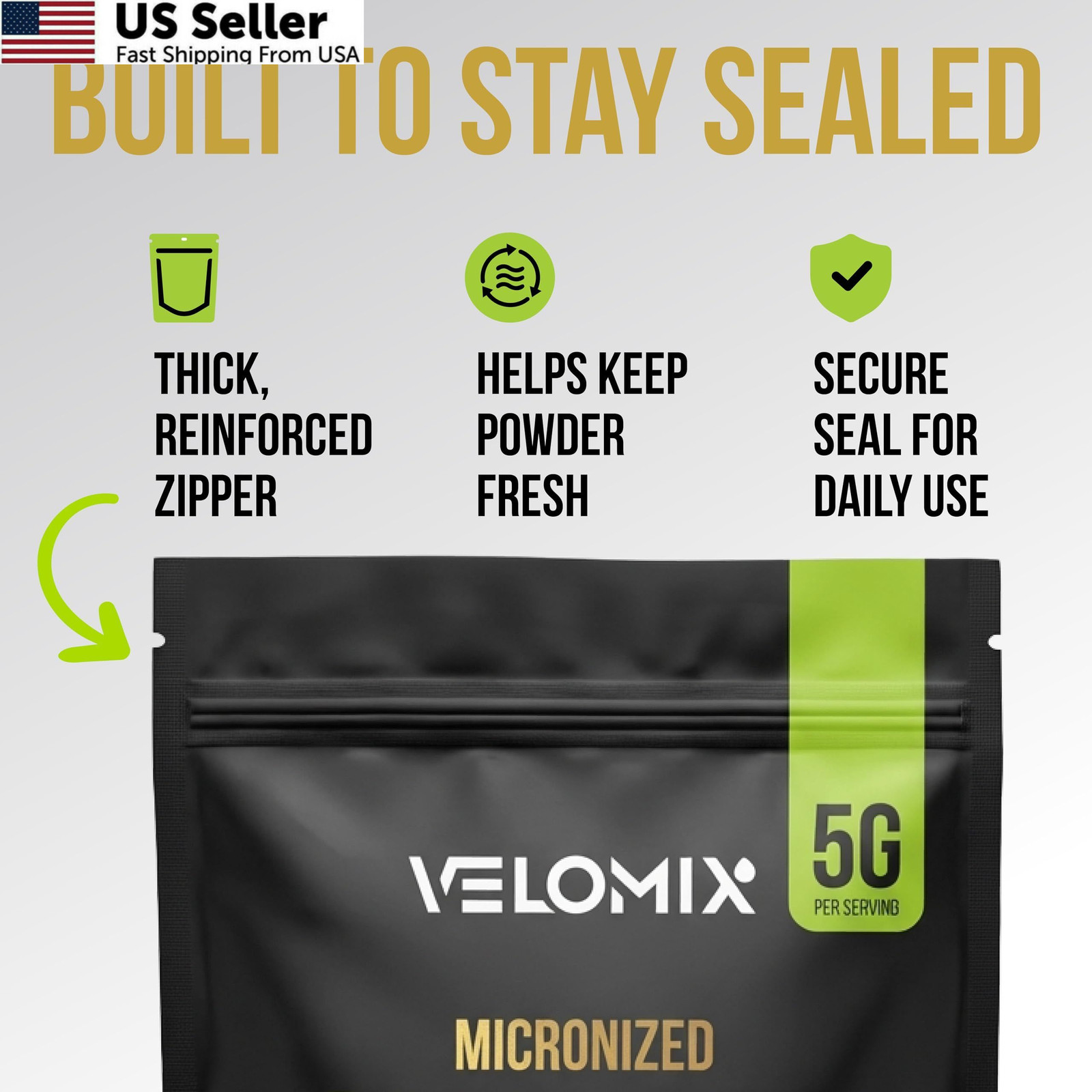 VELOMIX 100% Pure Creatine Monohydrate Powder 5g 60 Servings Micronized FROM USA