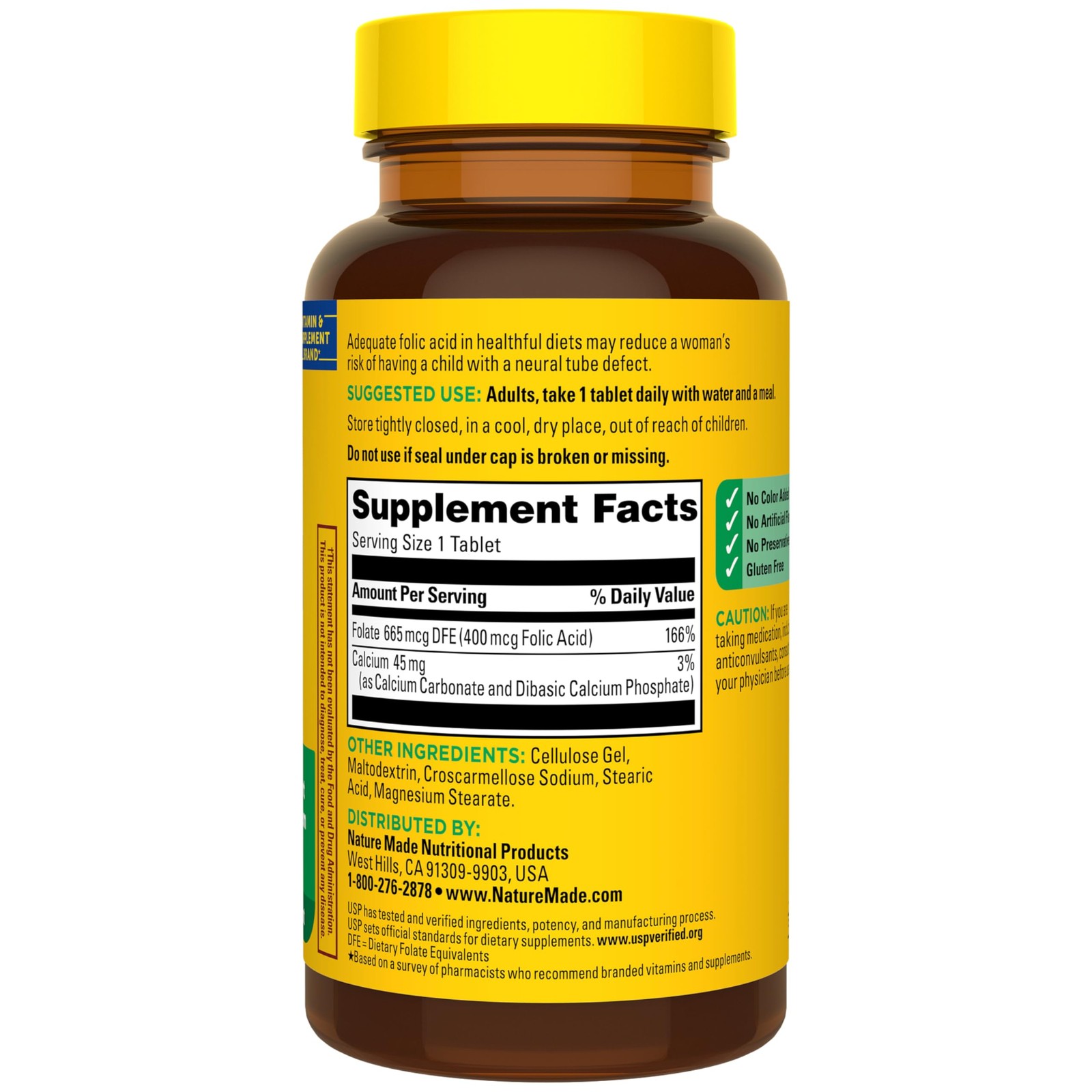 Folic Acid 400 mcg (665 mcg DFE) Dietary Supplement for Nervous System Function,