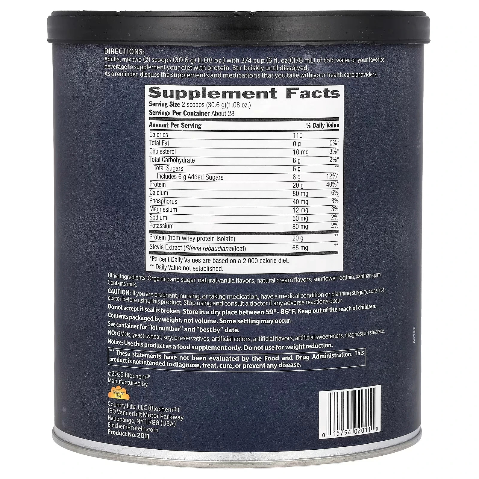 Biochem 100% Whey Protein Isolate – Grass Fed Vanilla 1.8 lbs (857 grams)