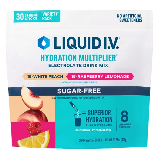 Liquid I.V. Sugar Free Variety Pack 30 Sticks White Peach Raspberry Lemonade